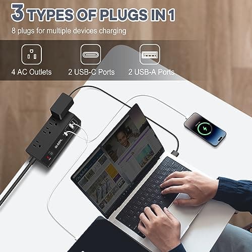 Desk Clamp Power Strip - 20W USB C Fast Charging Station - Desk Power Strip Flat Plug Extension Cord 10FT with 4 USB Ports + 4 Outlets - Desktop Mount Surge Protector - Fit 1.8" Tabletop Edge - Thumbnail 2