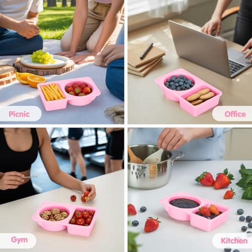 Dalycro Silicone Snack Containers with Lids – Reusable Snack Containers with Double Compartments for Adults Mini Silicone Food Box Perfect for Travel Lunch Gym (Pink) - Thumbnail 5