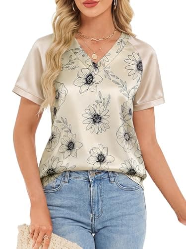 Funlingo Short Sleeve Shirts for Women Silk Satin Blouses Trendy Short Sleeve Tops Dressy Casual Summer T Shirts Cruise Travel Outfits Beige Print XL - Image 1