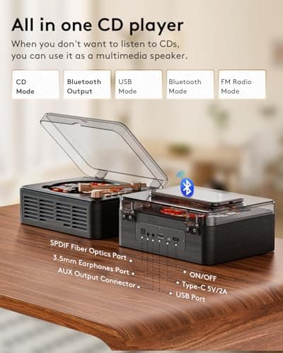 CARONSORT CD Player with Speakers Bluetooth Nostalgic Retro Portable CD Players for Home Wood Music Player FM Radio for Home Wired and Remote Control-Black - Thumbnail 4