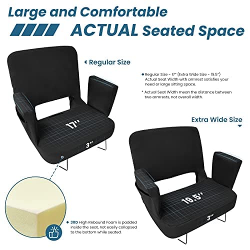 TOPSKY Stadium Seat for Bleachers with Back Support, 3-Position Reclining Stadium Chair with Armrests, Thick Padded Cushion, Foldable Bleacher Seat with Hooks(Black) - Thumbnail 3