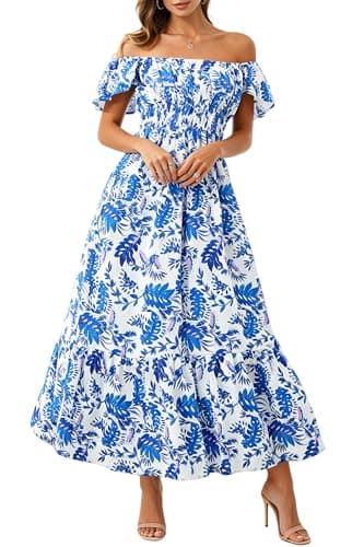 Women's Summer Casual 2026 Off the Shoulder Ruffle Flutter Short Sleeve Square Neck Smocked Leaf Print Rayon Empire Elastic Waist Tiered Flowy Long Dress Ladies Vocation Bohemian Blue Floral Dresses - Image 1