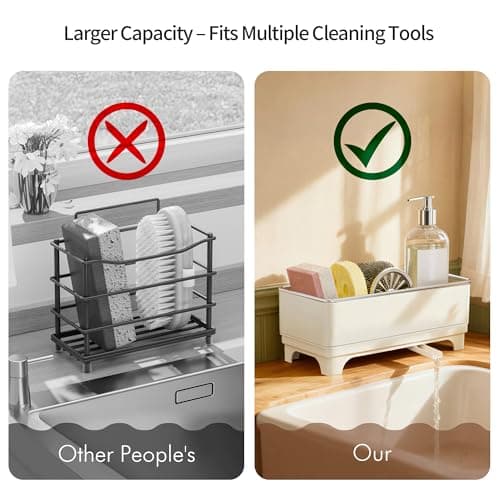 Sponge Holder for Kitchen Sink – Rustproof Stainless Steel, 360° Rotating Drain Pipe, Large Counter Organizer with Drip Tray for Sponges, Brushes & Dish Cloths Off-white - Thumbnail 4