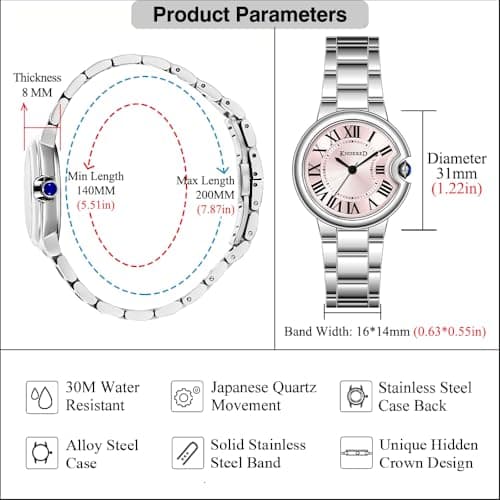 KNISKRED Classic Watch for Women with Vintage Roman Numerals and Solid Stainless Steel Band Ladies Casual Watch (Silver Pink) - Thumbnail 6