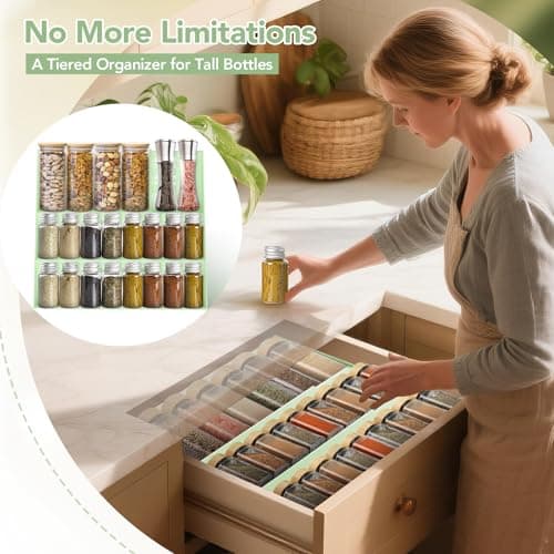 Expandable Spice Drawer Organizer (11"-22"), 3-Tier Slanted Kitchen Cabinet Rack with Labels & Funnel, Adjustable for Standard & Tall Bottles, Versatile for Bathroom & Office – Jars Not Included - Thumbnail 2