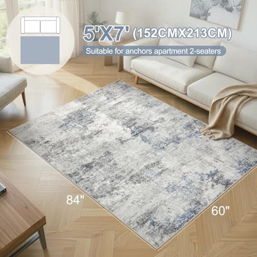 DMOYEST 5x7 Area Rug - Washable & Non Slip Indoor Rug for Living Room, Kid & Pet Friendly Abstract Low Pile Soft Carpet for Bedroom and Dining Room - Grey Blue - Thumbnail 2