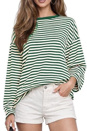 CHYRII Womens Oversized Striped Long Sleeve T Shirt Fashion 2026 Crewneck Casual Fall Spring Tops Y2K Clothes (Green L) - Image 1