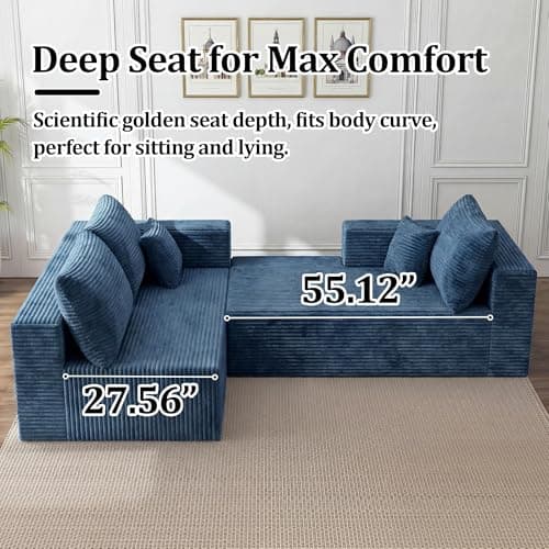 92.5" Modualr Sectional Sofa, L-Shape Corduroy Cloud Couch with Chaise, Upholstered Memory Foam Boneless Couch for Living Room, No Need Assembly - Blue(Right Facing Chaise) - Thumbnail 5