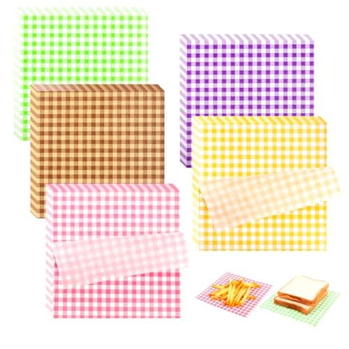Rolalet 250PCS Checkered Wax Paper Sheets for food 7x7 Inch Checkered Deli Paper Sheets Food Basket Liners for Sandwich Burger Bread Greaseproof Food Wrapping for Picnic Party Picnic