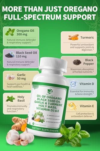 Organic Oil of Oregano Capsules with Black Seed Oil, Garlic, Turmeric, Holy Basil, Vitamin D3, E & Black Pepper for Better Absorption – Immune, Digestive & Respiratory – Vegan, Non-GMO, 6 Month Supply - Thumbnail 2