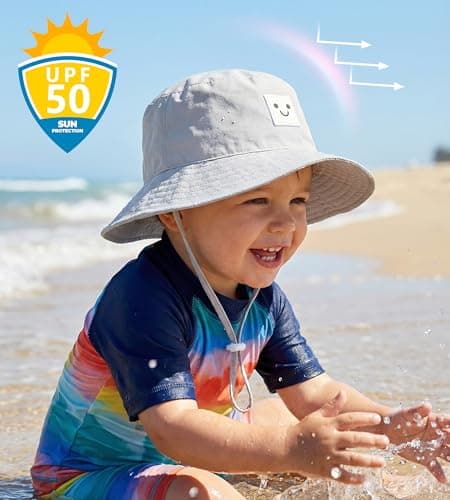 Baby Sun Hat Toddler Bucket Hats UPF 50+ Kids Summer Sun Protection Beach Hat for Boys Girls (US, Age, 0 Months, 6 Months, White and Grey) - Thumbnail 4