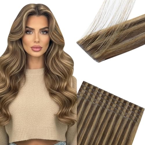 Sunny Hair Invisible Injected Tape in Hair Extensions Human Hair, 50g 16inch 20Pcs Dark Brown Highlight Blonde, Invis Edge Tape, Seamless Straight Hair Extensions for Travel - Image 1