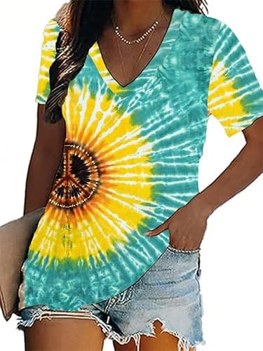 Women Hippie Shirt 60s 70s Peace Love Graphic Tie Dye V-Neck Tshirt Vintage Hippie Style Tee Tops - Image 1