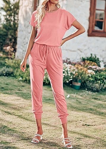 KIRUNDO Jumpsuits for Women Summer 2026 Casual Short Sleeve One Piece Outfits Drawstring Waist Long Pants Romper Jumpers(Light Pink, Small) - Thumbnail 3