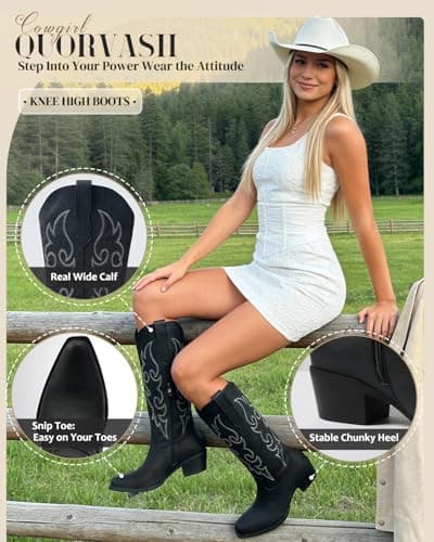 Quorvash Women's Wide Calf Cowboy Boots - Snip Toe Western Cowgirl Boots, Faux Leather Chunky Knee High Boots for Country Concerts & Nashville Outfits Black Size 10 - Thumbnail 5