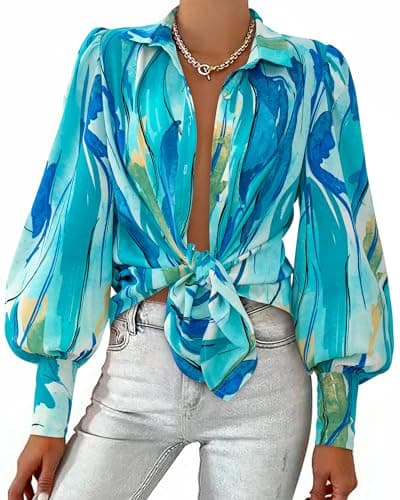 BTFBM Summer Blouses for Women Dressy Casual 2026 Long Sleeve Button Down Shirt V Neck Boho Spring Tops Fashion Clothing(Floral Blue Green, Large) - Image 1