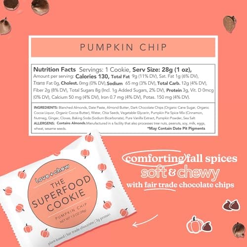 Love + Chew Mini Vegan Cookies, Gluten Free, 3g Plant Based Protein Per Cookie, Pumpkin Chocolate Chip Flavor, Healthy Snacks for Adults and Kids, Individually Wrapped Cookies, Pumpkin Chip, 18 Pack - Thumbnail 2