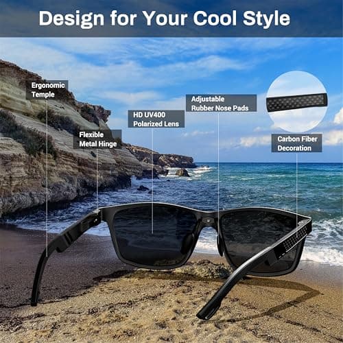 ROCKNIGHT Driving Sunglasses for Men - Polarized UV Protection, Al-Mg Metal Frame, Lightweight Black for Outdoor - Thumbnail 4