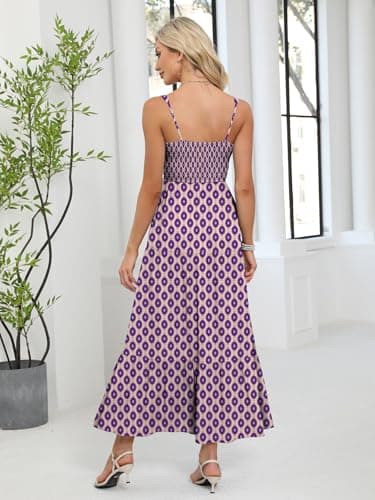 ANRABESS Women Summer Casual Floral Printed Square Neck Sleeveless Straps Elastic Waist Slit Beach Vacation Maxi Dress Floral Purple X-Large - Thumbnail 5
