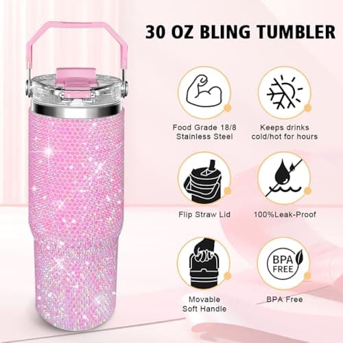 30oz Bling Rhinestone Studded Tumbler with Top Handle, Bling Cups Stainless Steel Water Bottle Diamond Glitter Tumbler for Women - Birthday Gifts for Women, Mom,Get Well Soon Gifts (Pink) - Thumbnail 2