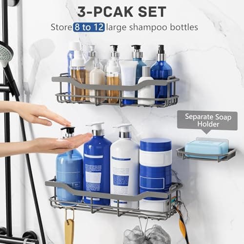 OMAIRA 3-Pack Shower Caddy with Soap Holder, Adhesive Rustproof No-drill Strudy Loading Inside Shower Organizer Shelves Rack Storage Bathroom Organization for Smooth Wall Glass Tile, Grey (X-Large) - Thumbnail 4