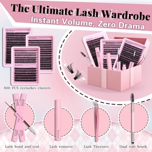 Lash Clusters Kit 800pcs 60D+80D+100D D Curl 10-20mm Eyelash Clusters, Volume Fluffy False Eyelashes DIY Lash Extension Kit Includes Lash Glue & Lash Tweezers, Cluster Eyelash Extensions for Beginners - Thumbnail 4