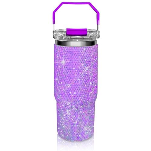 Bling Rhinestone Studded Tumbler with Top Handle, Bling Cups Stainless Steel Water Bottle Diamond Glitter Tumbler for Women - Birthday Gifts for Women, Mom,Get Well Soon Gifts (Lilac) - Image 1
