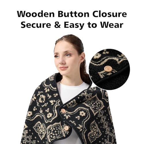 SHINEDOOR Jacquard Sherpa Wearable Blanket Lap Blanket Comfy Poncho Throw with Wooden Buttons Fleece Wearable Blankets for Women Soft Winter Shawl Gifts & Home Snowflake Grey Pattern - Thumbnail 6