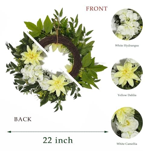 Nztze 22 Inch Wreaths for Front Door, Spring Summer Flower Wreath - Yellow Dahlia and White Hydrangea Artificial Wreath for Easter, Valentines, Front Door, Outdoor, Indoor, Window, Farmhouse Decor - Thumbnail 3