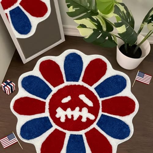 Shovagy Trippy Happy Face Rug 4th of July Bathroom Rugs Patriotic Independence Day Decor Carpet Tufted Quick Dry Non Slip Bath Mats Water Absorbent 3.3FT Red Blue White Bathroom Rugs