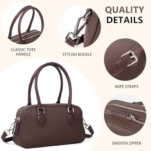 Genuine Leather Handbags Purse for Women Small Tote with Zipper, Top Handle Satchel Cross Body Bag Structured Organizer for Light Travel Everyday Carry Coffee Brown - Thumbnail 5