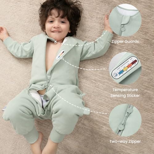 kaiya baby Unisex Toddler Sleep Sack with Feet 1.0 Tog Split Legs Sleep Sack 18-36Months, Sleep Bag Walker, Gifts for Boys & Girls, Pea Green - Thumbnail 5