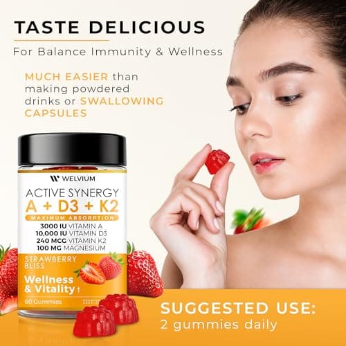 WELVIUM Vitamin D3 K2 Gummies 10000 IU with Magnesium Glycinate, Calcium, B12, K2 MK-7, Vitamins A, E, Lutein, Zeaxanthin - ADK Chewable Supplement for Bone, Eye, Immune Support - D3K2 Gummies - Thumbnail 4