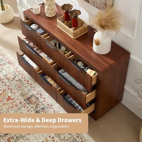 YANSNWO Walnut Dresser with 8 Drawers, 52" Modern Chest of Drawers with Thickened Curved Profile Design, Wooden Dresser TV Stand, Organizer for Bedroom, Living Room, Hallway - Thumbnail 6