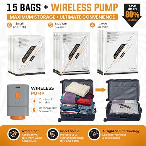 15 Pack Vacuum Storage Bags with Rechargeable & Portable Electric Pump (6 Small, 5 Medium, 4 Large) - Vacuum Seal Bags for Clothing Travel - Vacuum Bags for Travel, Blankets, Clothes & Luggage - Thumbnail 3