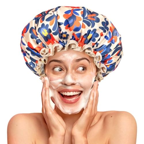 mikimini Reusable Showe Cap for Women Waterproof, Large Shower Caps with Elastic Band & Double Layers - Adjustable Shower Bonnet for Long Hair, Braids, Bold Abstract Print Hair Cap - Image 1