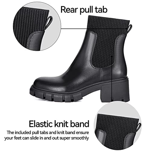 Athlefit Women's Black Chelsea Boots Fall Platform Ankle Boots Slip on Chunky Lug Sole Boots - Thumbnail 4