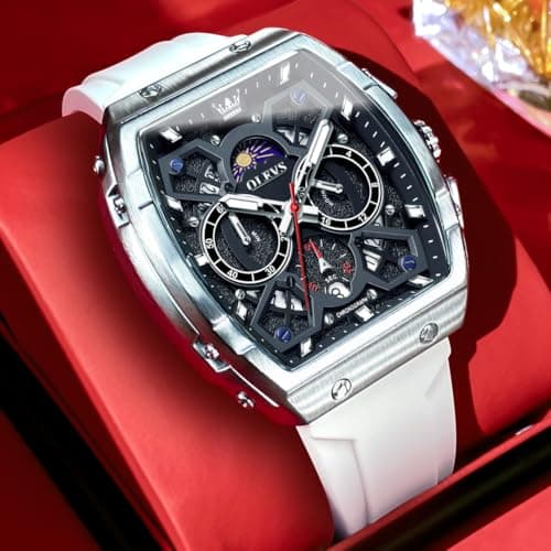 OLEVS Mens Dress Watch 3ATM Waterproof 20cm White Silicone Strap with Black Face Watch for Men Classic Quartz Chronograph SquareTonneau Fashion Men Wrist Watches 98g Lightweigh Ideal Present for Men - Thumbnail 2