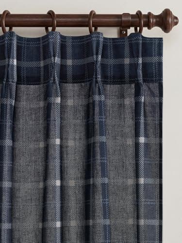 NICETOWN Pinch Pleated Blue Plaid Curtains 2 Panels, W40 x L84 in, Linen Blend Light Filtering Privacy Draperies with Grid Tartan Pattern, Premium Curtains for Living Room, Dining Room with Hooks