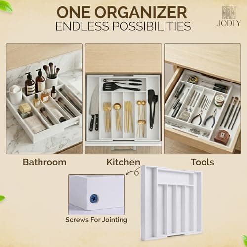 JODLY Bamboo Kitchen Utensil Drawer Organizer for Silverware | 100% Natural Expandable 14-20 Inch Kitchen Drawer Organizers for Utensils | Non-Slip Base | Screwed Joints for Long-Lasting Durability - Thumbnail 6