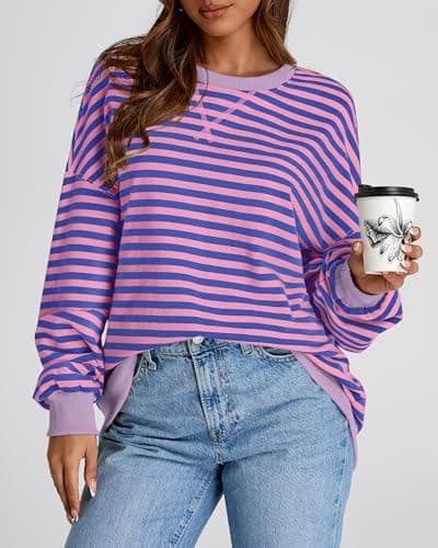 BTFBM Sweatshirt For Women 2026 Summer Crewneck Long Sleeve Oversized Striped Pullover Tops Y2K Clothes Workout Shirt(Blue Pink, X-Large) - Thumbnail 6
