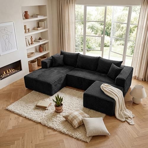 BSHOMGI 92.5'' U-Shaped Boneless Couches, Comfy Corduroy 3 Seaters Sofas with Ottoman, Modern High Back Sectional Sofa for Living Room with Oversized Chaise Deep Seat Sofa, No Assembly Needed