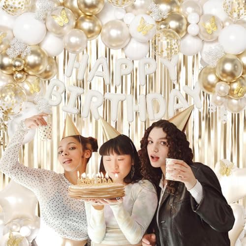 White and Gold Birthday Decorations for Women Girls, Pearl White Gold Foil Confetti Balloons Happy birthday Banner Gold Butterfly Fringe Curtains for Birthday Party Baptism Communion Decorations - Thumbnail 6