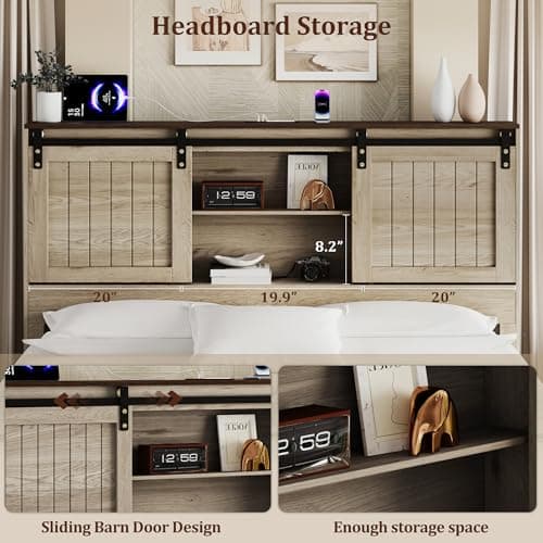 Uteeran Queen Size Bed Frame with Storage, Sliding Barn Door, Farmhouse Wood Platform Bed with Reading Light and Charging Station, Wood Slats Support, Easy Assembly, Noise-Free, Light Rustic Oak - Thumbnail 6
