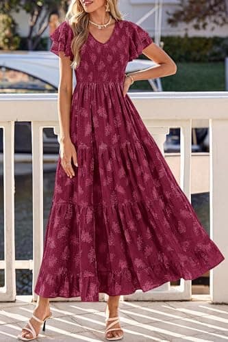 dowerme Maxi Dresses for Women 2026 Summer Ruffle Sleeve V Neck Smocked A Line Floral Boho Tiered Sundress Spring Outfit(Burgundy,XX-Large) - Thumbnail 2