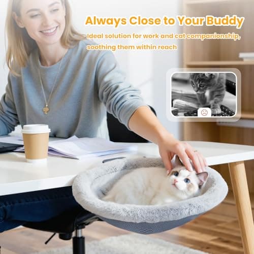 Pawaboo Cat Desk Bed, Sunken Cats Hammock with Steel Clamp Hold up to 40lbs, One-click Foldable Cat Side Table Beds with Soft Plush, Reversible & Washable Hanging Cats Bed for Game Office Home Desktop - Thumbnail 3
