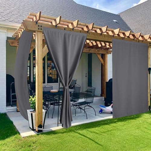 NICETOWN 2 Panels Outdoor Curtains for Patio, Adhesive Strip Top No Rods Needed, Back Tab Bottom with Free Rope for Wind Resistance, Waterproof & Windproof Drape for Gazebo/Pergola, W52 x L96 in, Grey - Image 1