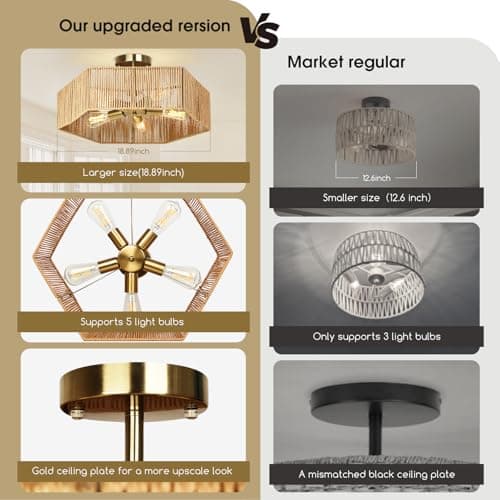 Tadpole Jump Boho Light Fixtures 5-Light Rattan Light Fixture 21.2" Bohemian Ceiling Light Fixture for Bedroom Living Room Dining Room, Bulb NOT Included - Thumbnail 2