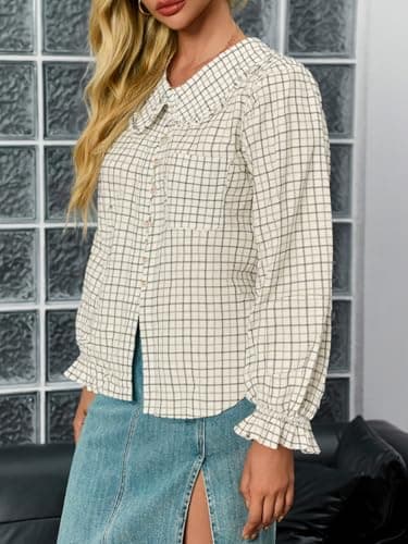 Tankaneo Womens Peter Pan Collar Button Down Shirts Long Sleeve Plaid Blouse Dressy Casual Fall Tops Beige - Thumbnail 4