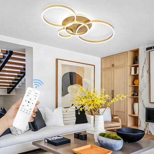 Modern LED Ceiling Light Gold Flush Mount Ceiling Light Dimmable Dining Room Light Fixtures with Remote 4 Rings Acrylic Kitchen Lighting Fixtures Ceiling Lamp for Living Room Bedroom (Gold, 4 Rings) - Thumbnail 5